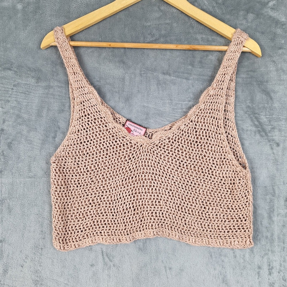 Womens Top Small Brown Crochet Handmade Boho Cropped Tank Festival Beach Hippie